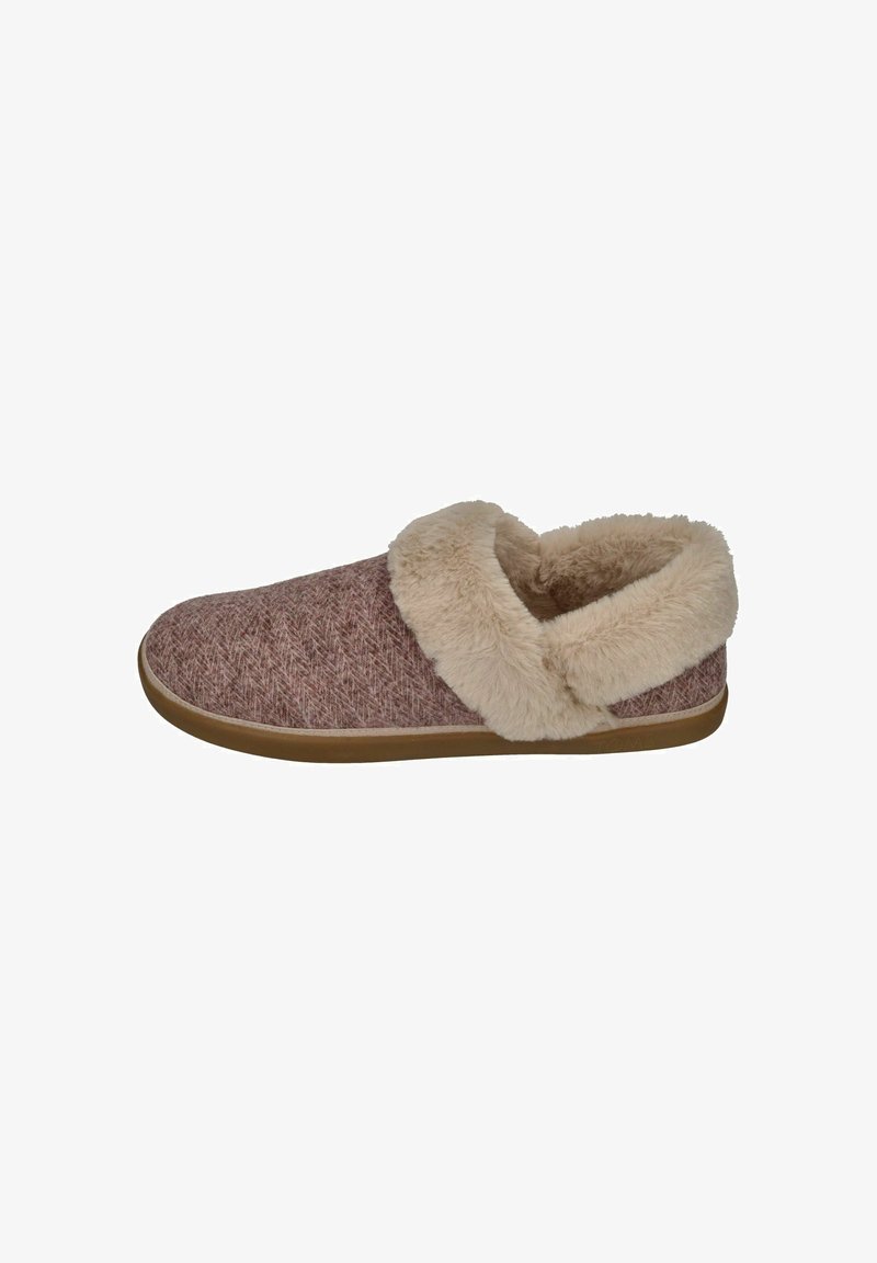 Brown and beige slipper with a textured fabric upper and a fluffy, fur-lined collar. Features a flat rubber sole. No laces or fastenings.