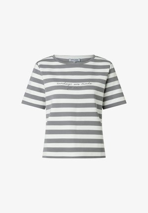 Short-sleeve, gray and white horizontal striped T-shirt with round neckline and text "sundays are made for dolce" on the chest.