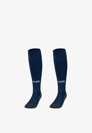 Par par marineblå knæhøje sportsstrømper med grå tæer og hæle, mærket med hvidt "JAKO" logo foran.