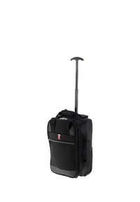 Bolsa negra con ruedas, asa retráctil, lados acolchados, bolsillo delantero y dos asas superiores. Fabricada con tela duradera de textura suave.
