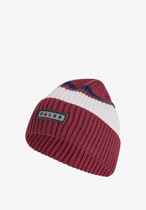 Berretto a maglia color marrone scuro, crema e navy con costine verticali e finitura strutturata. Presenta una patch con logo sulla parte frontale.