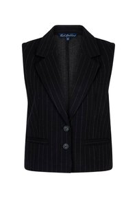 Zwarte mouwloze blazer met smalle witte streepjes, notch-revers, twee voorknopen en voorste paspelzakken.