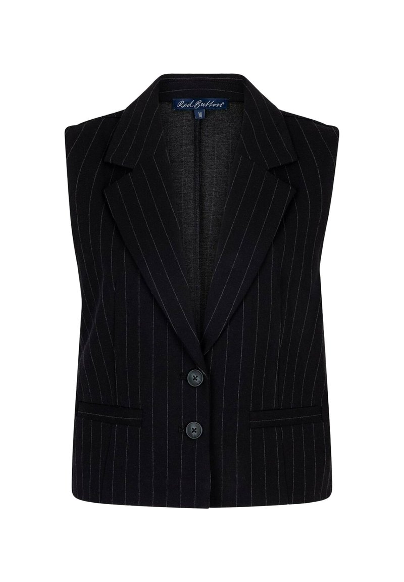 Zwarte mouwloze blazer met smalle witte streepjes, notch-revers, twee voorknopen en voorste paspelzakken.