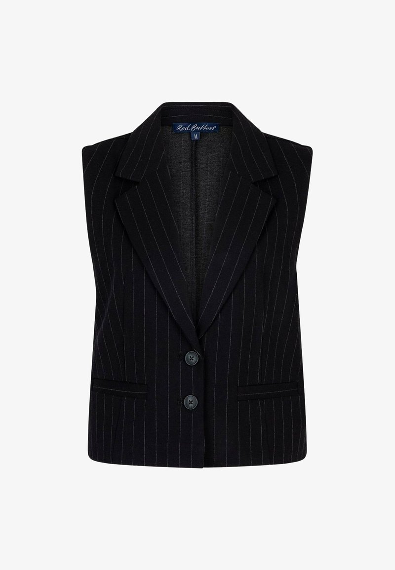 Zwarte mouwloze blazer met smalle witte streepjes, notch-revers, twee voorknopen en voorste paspelzakken.