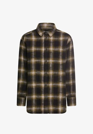 Langärmliges Button-Up-Hemd mit schwarzem, braunem und weißem Karomuster, klassischem Kragen und geradem Saum.