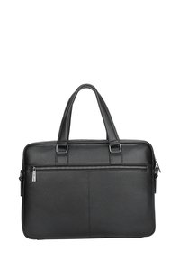 Black leather briefcase with textured surface, double handles, and a zippered pocket on the front. Rectangular shape and sleek design.