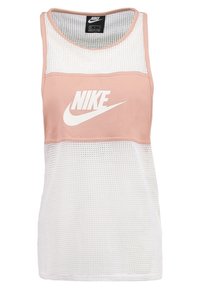 Nike linne med en rosa övre sektion och vit mesh nedre sektion. Har en framträdande vit logotyp, rund hals och är ärmlös.