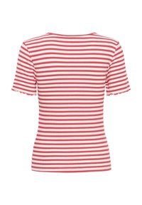 T-shirt à manches courtes rayé rouge et blanc avec une texture côtelée et des bords festonnés. Présente un col rond et une coupe ajustée.