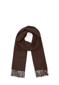 Pruun sall, mis on valmistatud pehmest materjalist, omab ühtlast tekstuuri ja äärtesse poodud fringe, klassikalise ristküliku kujuga, mis on mõeldud soojuse tagamiseks.