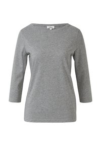T-shirt gris à manches longues, fabriqué en tissu doux et léger, avec un col bateau et une coupe décontractée, comportant des coutures minimales pour un confort optimal.