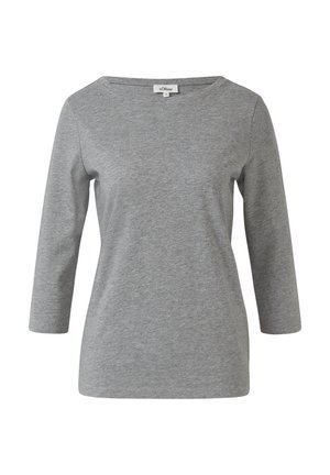 T-shirt gris à manches longues, fabriqué en tissu doux et léger, avec un col bateau et une coupe décontractée, comportant des coutures minimales pour un confort optimal.