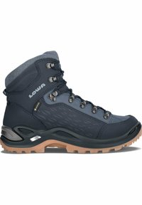 Blauwe wandelboot met bovenwerk van leer en textiel, rubberen loopzool, metalen hardware en vetersysteem. Beschikt over een gevoerde kraag en een gestructureerd ontwerp.