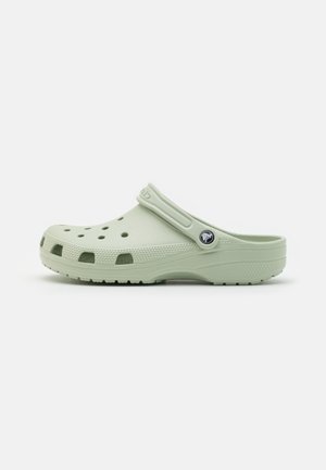 Light green molded clog featuring ventilation holes, a back strap, and textured base. Made of durable, lightweight material.