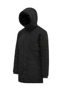 Piumino invernale isolato nero con cappuccio, caratterizzato da un'esterno liscio, tasche laterali e polsini a coste per un maggiore calore.