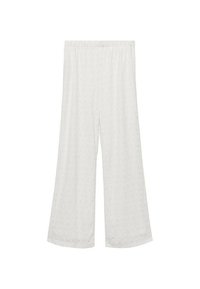 Witte wijde broek in lichte stof, met een gestructureerd patroon van kleine, herhalende diamantvormen en een elastische tailleband.