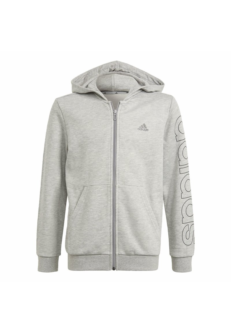 Szara bluza z zamkiem, z kapturem, wykonana z miękkiego materiału. Posiada przednie kieszenie oraz dużą napisaną na lewym rękawie literę "sport".
