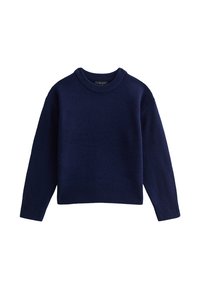 Maglione lavorato a maglia blu navy con scollatura rotonda, maniche lunghe e orlo a costine. Texture morbida con una silhouette leggermente accorciata.