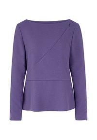 Purple long-sleeve top with a round neckline, diagonal front seam detail, textured fabric, and subtle shimmer. Side openings enhance comfort.