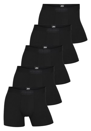 Sorte bomulds-boxershorts, fem-pakning, med en glat tekstur og elastisk talje med "JBS UNDERWEAR" logo på hver. Klassisk design.