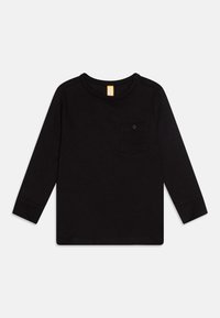 Schwarz, langärmliges Shirt aus geripptem Stoff, mit rundem Halsausschnitt und einer Brusttasche mit Knopfdetails. Glatte Textur.