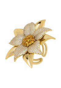 Gold flower brooch with textured petals set with white and yellow gemstones, featuring a rounded center and a curved, layered design.