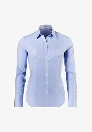 Blauw-witte gestreepte overhemd met lange mouwen, een puntige kraag en een aansluitend ontwerp; gemaakt van een gladde stof met een subtiele textuur.