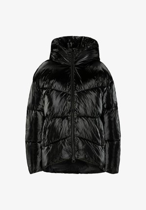 Schwarze Daunenjacke mit glänzender Oberfläche, ausgestattet mit einer Kapuze, mittigem Reißverschluss und gestepptem Design mit horizontalen Nähten über den Körper.