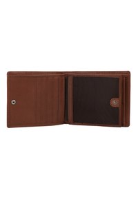 Brown leather wallet with multiple card slots, a secure button closure, and a textured insert on the right side for additional storage.