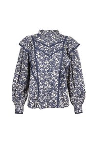 Květinová blůza v námořnické modři s bílými květinami. Má nařasené rukávy a vysoký límec. Vyrobena z lehkého materiálu s knoflíkovým zapínáním a plisovanými detaily.