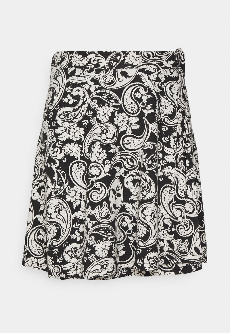 Jupe noire et blanche avec une coupe fluide présentant un motif paisley et floral détaillé.
