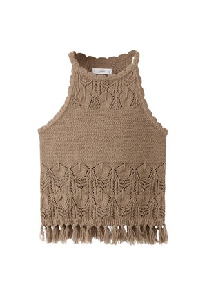 Top court sans manches en maille beige avec bords festonnés, motifs de feuilles complexes et franges à l'ourlet.