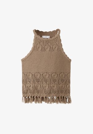 Beige gebreide mouwloze crop top met gegolfde randen, ingewikkelde bladpatronen en franjes aan de zoom.