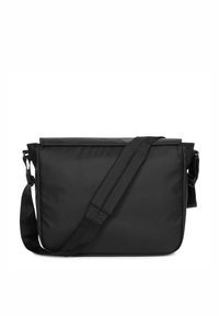Black messenger bag made from durable material, featuring a flat shape, adjustable strap, and a minimalist design with no visible hardware.