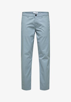 Lichtblauwe katoenen broeken met een gladde textuur, voorzakken, ritsopening en een enkele knoopsluiting. Tapered leg ontwerp en omslagzoom.