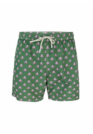 Bañador verde con un patrón repetido de pulpos rosas, cintura elástica y cordón con puntas metálicas. Ligero, con un acabado suave.