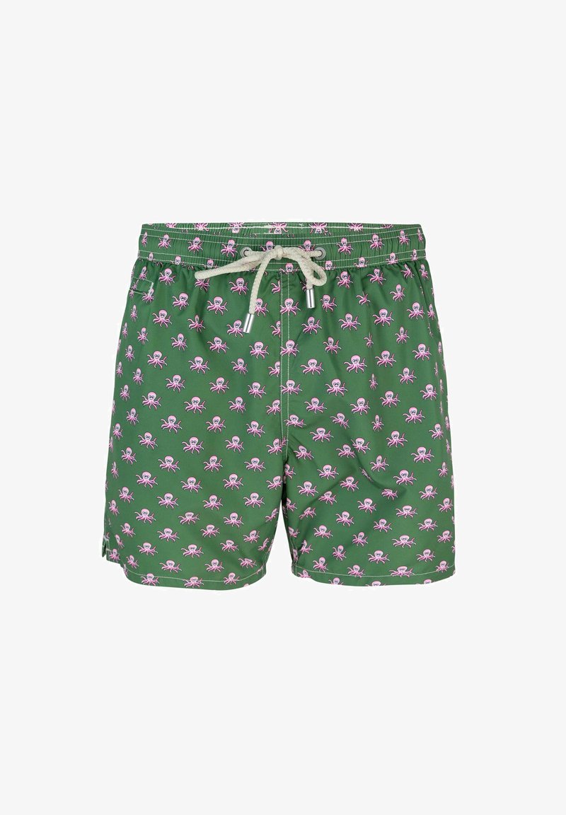Costume da bagno verde con un motivo ripetuto di polpi rosa, cintura elastica e lacci con punte metalliche. Leggero, con una finitura liscia.