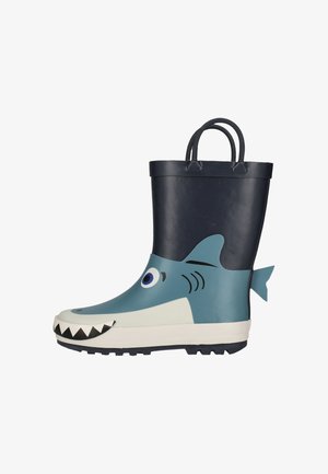 Botte de pluie en caoutchouc pour enfants, bleu et noir, avec un visage de requin, des détails de nageoire et de queue, et deux poignées de traction sur le dessus.