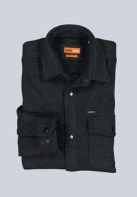 Dunkelgrau gefaltete Wolljacke mit geknöpften Manschetten, aufgesetzten Taschen vorne und einem orangefarbenen "emilio adani" Etikett im Kragen.