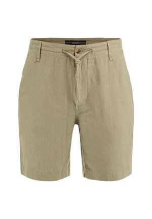 Pantaloni corti in lino beige con vita regolabile, chiusura a bottoni e tasche laterali. Caratterizzati da un tessuto testurizzato e da una vestibilità comoda.