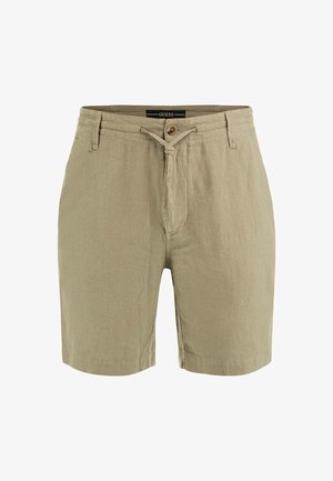 Pantaloni corti in lino beige con vita regolabile, chiusura a bottoni e tasche laterali. Caratterizzati da un tessuto testurizzato e da una vestibilità comoda.