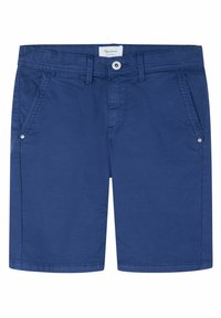 Pantalones cortos de algodón azul con corte recto, dos bolsillos laterales y cierre de botón. Tejido texturizado con un acabado suave.