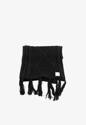 Sciarpa nera lavorata a maglia con motivo a trecce, dettagli a diamante e bordi frangiati. Texture morbida, design compatto e finitura monocromatica.