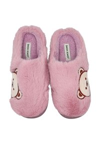 Par de zapatillas de casa rosas y esponjosas con caras de osito de peluche en la parte superior y etiquetas de marca JOMIX HOME en el interior.