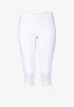 White capri leggings made of stretchy fabric, featuring an elastic waistband and drawstring accents at the hem for adjustable fit.