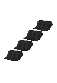 Schwarze Knöchelsocken aus einer Baumwollmischung, mit einem gerippten Bündchen und kleinem Logo. Packung mit mehreren Paaren in versetzter Anordnung dargestellt.