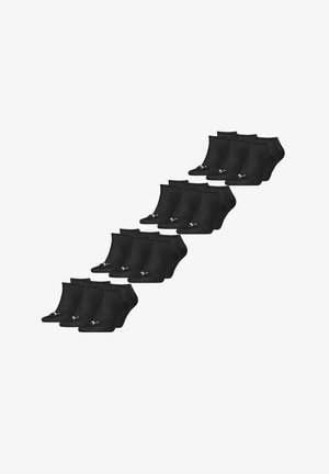 Black ankle socks, made of cotton blend, featuring a ribbed cuff and small logo. Pack of multiple pairs shown in a staggered arrangement.