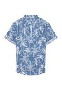 Camicia blu a maniche corte con bottoni, decorata con una stampa di palme bianche, design senza colletto e dettagli a contrasto sui polsini.