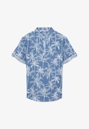 Koszula z krótkim rękawem, niebieska, zapinana na guziki, z białym nadrukiem w palmy, bez kołnierzyka i z kontrastowymi wykończeniami mankietów.