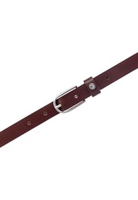 Brauner Leder-Gürtel mit einer strukturierten Oberfläche, ausgestattet mit einer silbernen Metallschnalle und verstellbaren Löchern für die Größe.