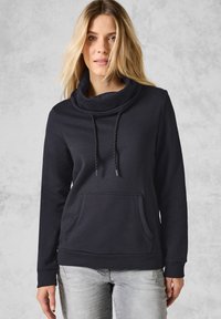 Sudadera azul marino con cuello tipo cowl, cordón ajustable y bolsillo frontal. Hecha de un material suave con puños y dobladillo acanalados.
